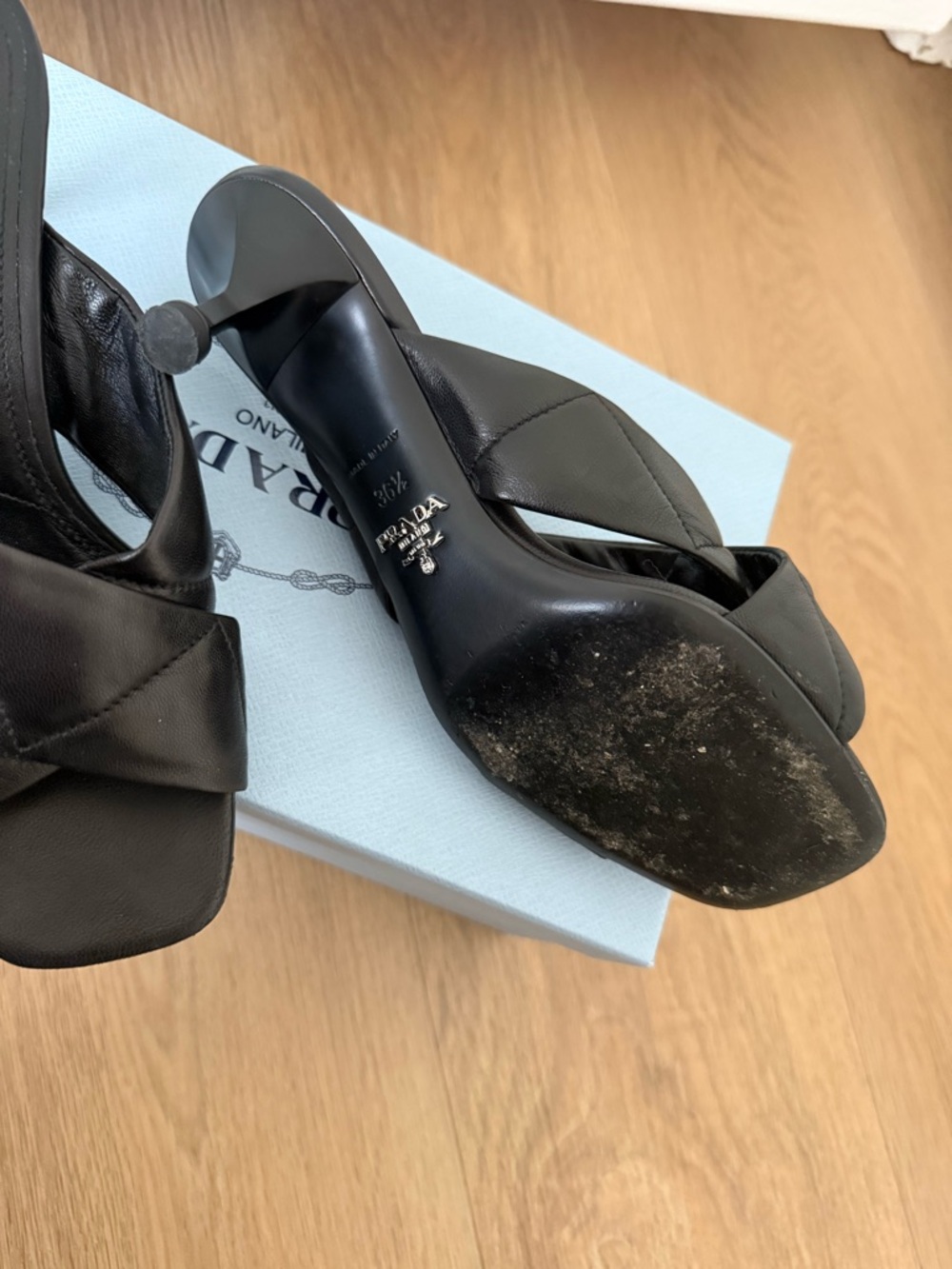 Prada 60mm crossover strap sandals - Black Quilted Leather Mule Heels - Picture 3 of 5